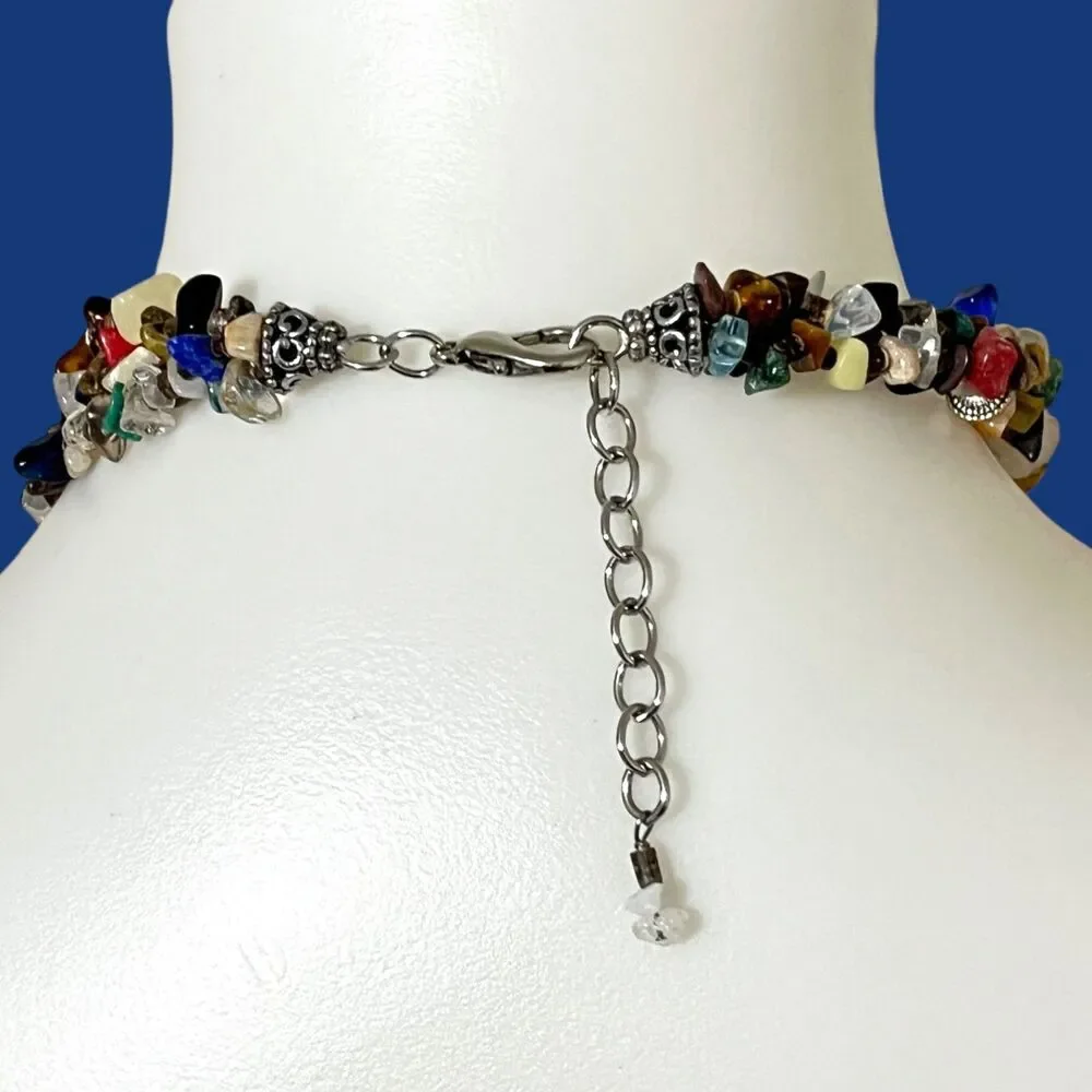 Boho Multi Gemstone Necklace Chunky Resin Pendant Layered Nugget Statement